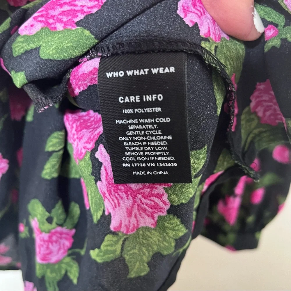 WHO WHAT WEAR Floral Black and Pink Rose Wrap Blouse